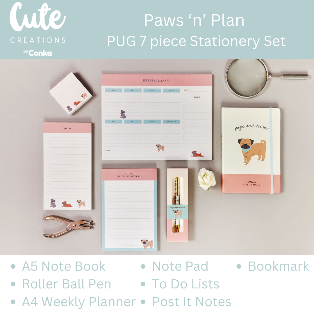 Paws 'n' Plan PUG Design 7 Piece Stationery Gift Set