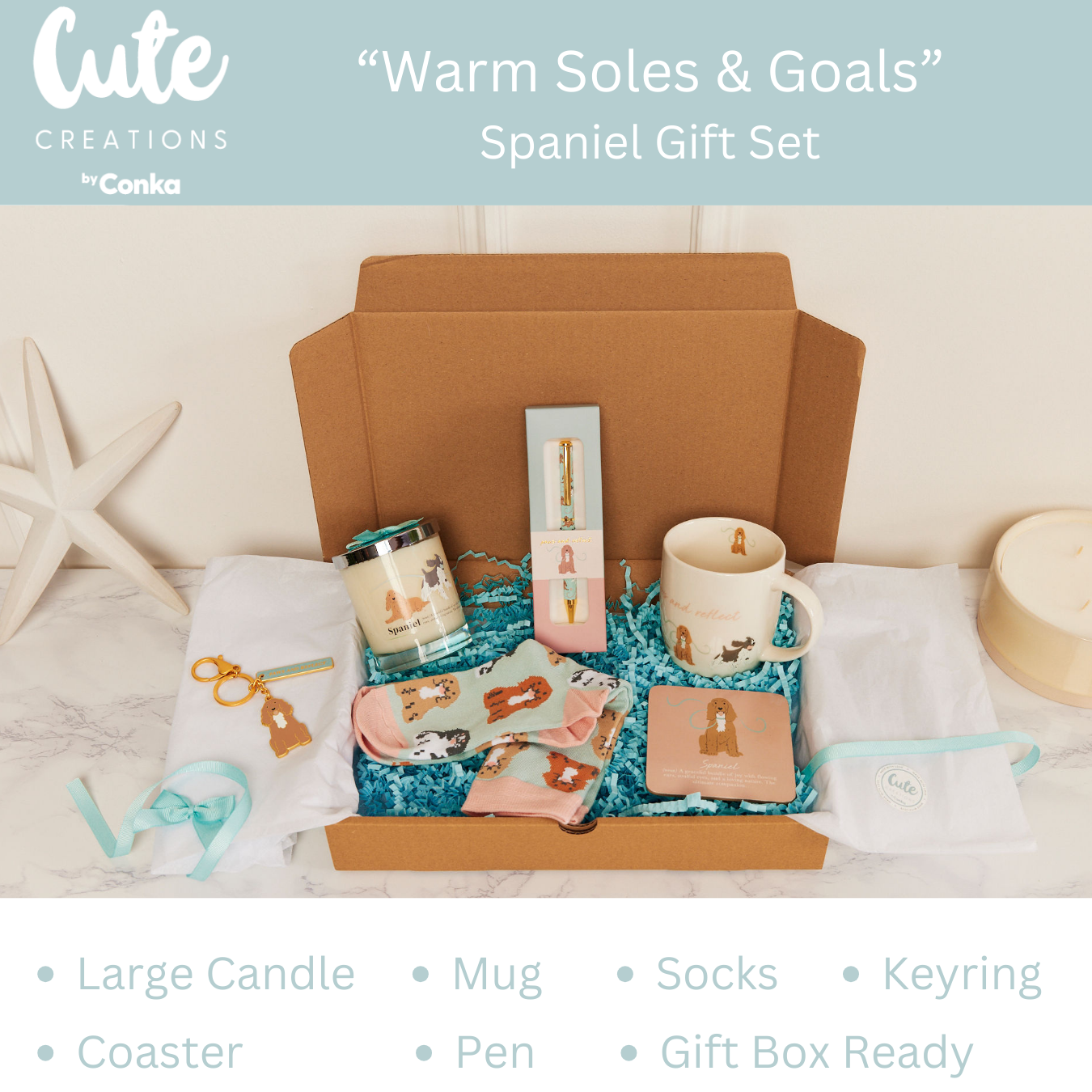 Spaniel 'Warm Soles & Goals' Gift Set - Socks, Large Candle, Coaster, Mug, Pen, Keyring