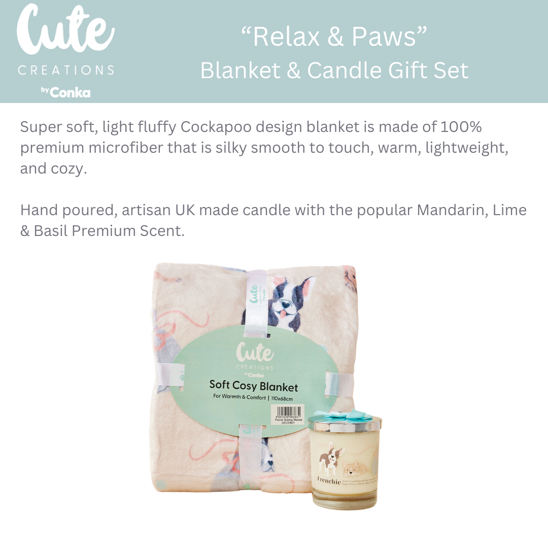 French Bulldog 'Relax & Paws' Blanket & Candle Gift Set