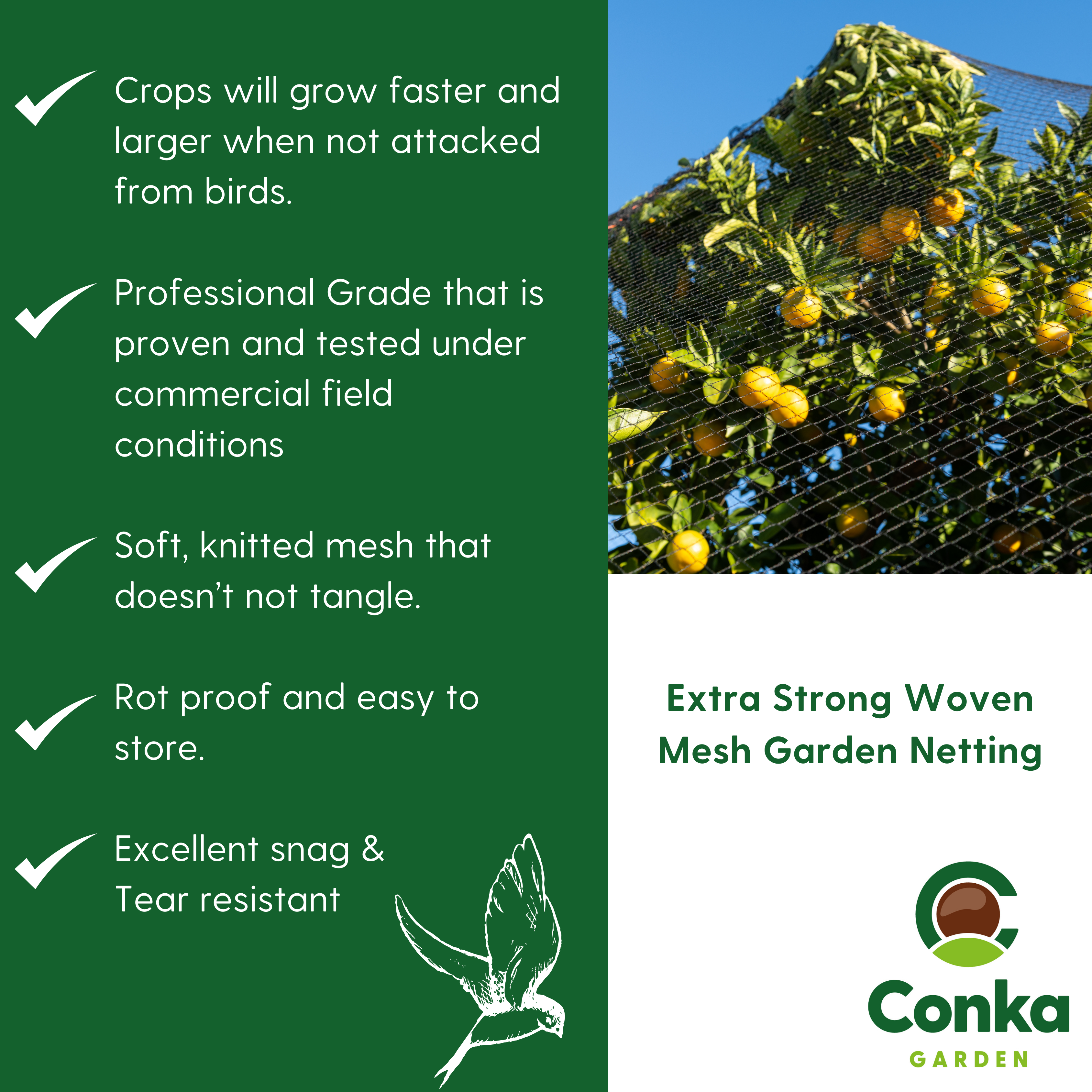 Extra Strong Woven Mesh Garden Netting. Heavy Duty Anti Bird Pond Fruit, Pea Plant Protection. Professional Grade. Various Sizes.