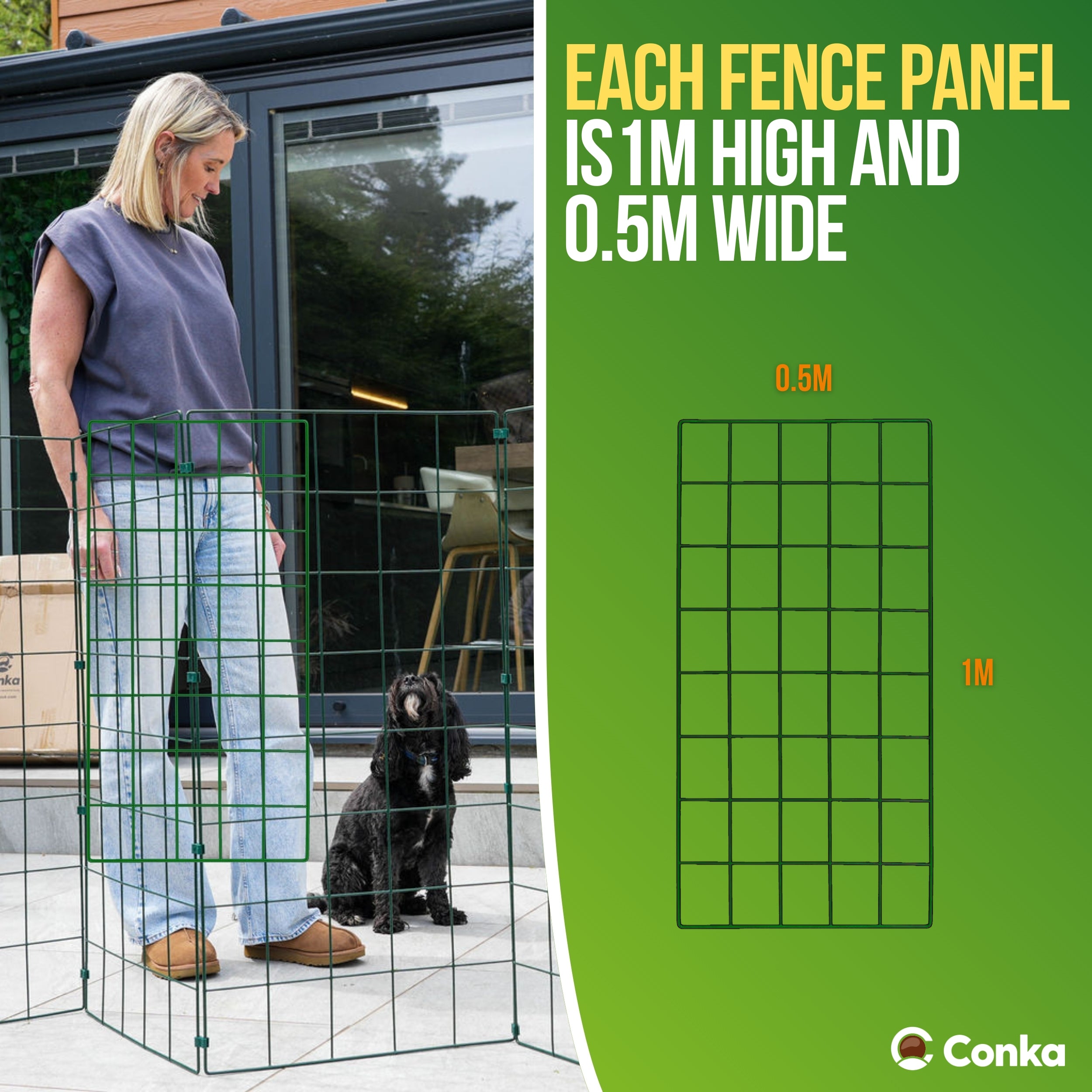 Woman with a dog standing inside a green fence panel, with text and measurements on a green background.