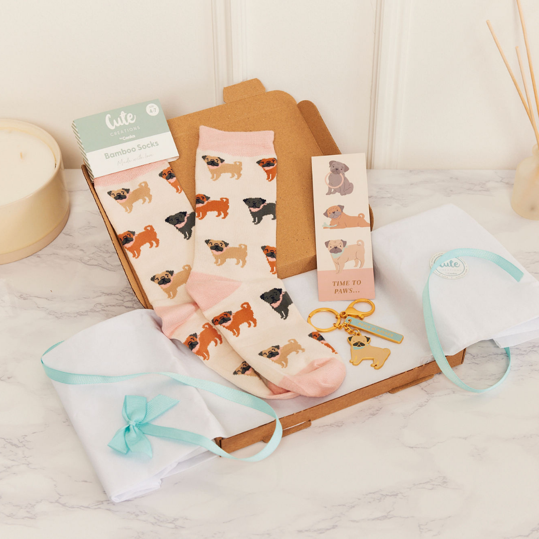 Pug Design Toes & Trinkets Gift Set - Socks, Bookmark & Keyring