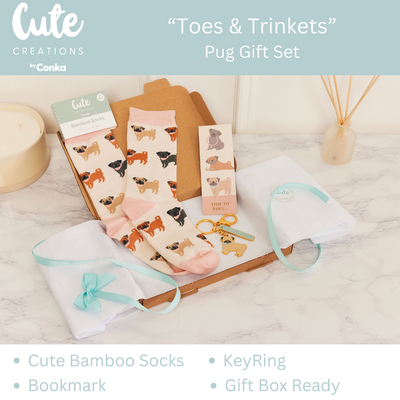 Pug Design Toes & Trinkets Gift Set - Socks, Bookmark & Keyring