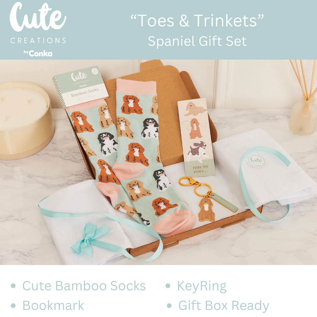 Spaniel Toes & Trinkets Gift Set - Socks, Bookmark & Keyring
