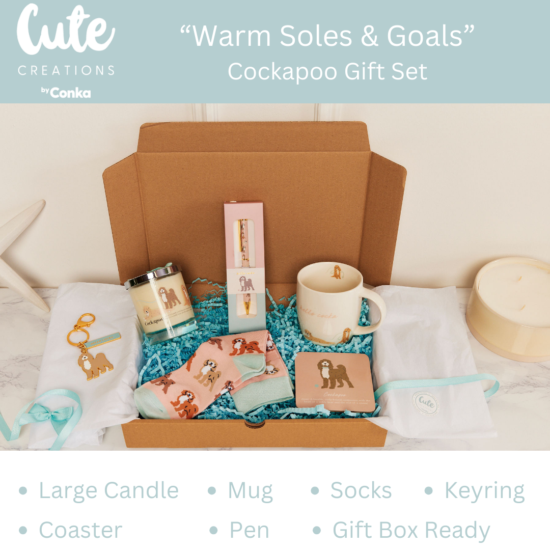 Cockapoo 'Warm Soles & Goals' Gift Set - Socks, Large Candle, Coaster, Mug, Pen, Keyring