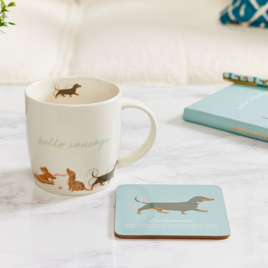 Dachshund 'Warm Soles & Goals' Gift Set - Socks, Large Candle, Coaster, Mug, Pen, Keyring