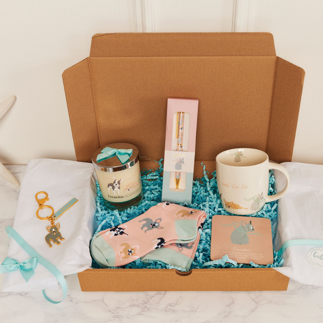 French Bulldog 'Warm Soles & Goals' Gift Set - Socks, Large Candle, Coaster, Mug, Pen, Keyring