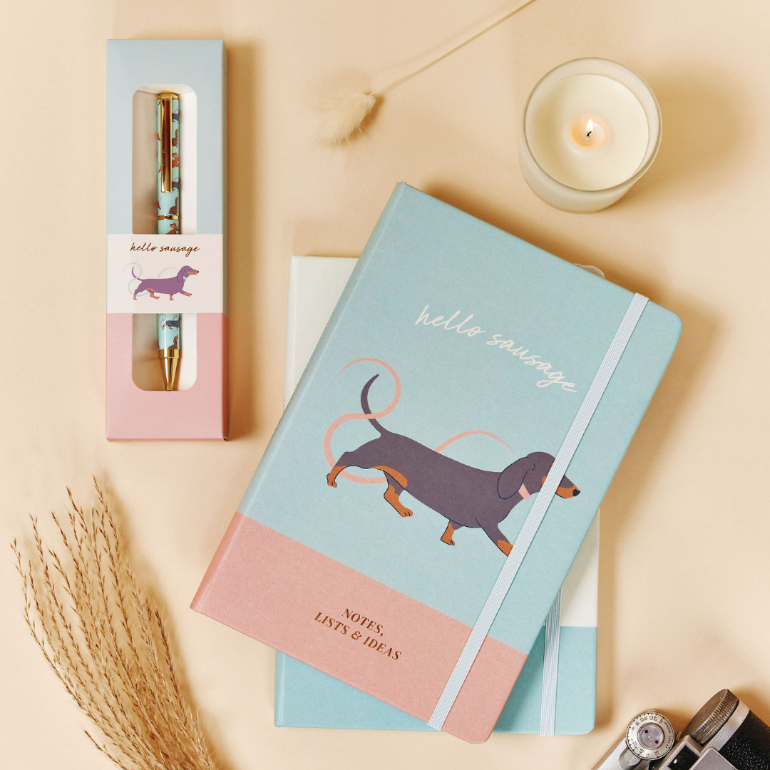 Dachshund 'Mindful Moments' Gift Set - Mug, Coaster, Notebook & Pen