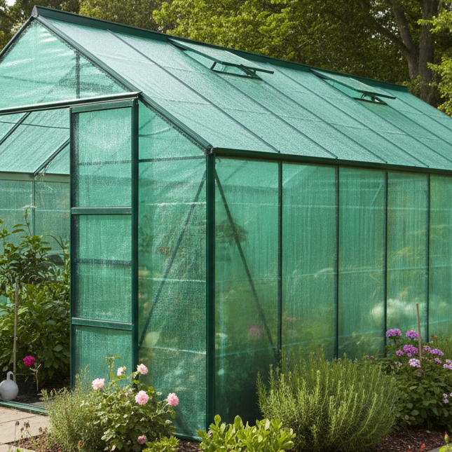 Reinforced Polythene Sheeting on green house green tint in garden