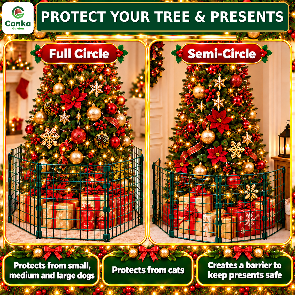 Christmas Tree Fence for Dogs & Cats – Freestanding Pet Guard & Present Protector