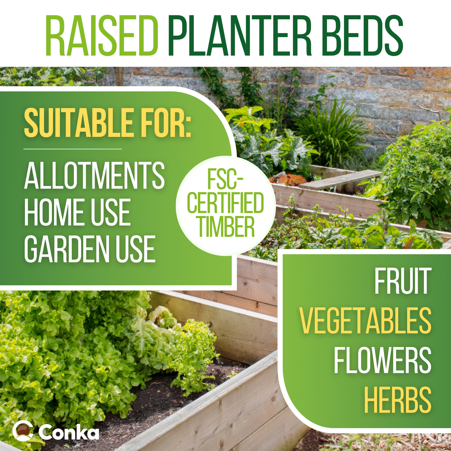 Wooden Garden Raised Grow Beds - FSC Treated Timber - Various Sizes