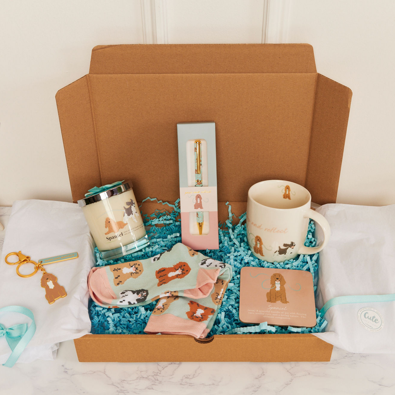 Spaniel 'Warm Soles & Goals' Gift Set - Socks, Large Candle, Coaster, Mug, Pen, Keyring