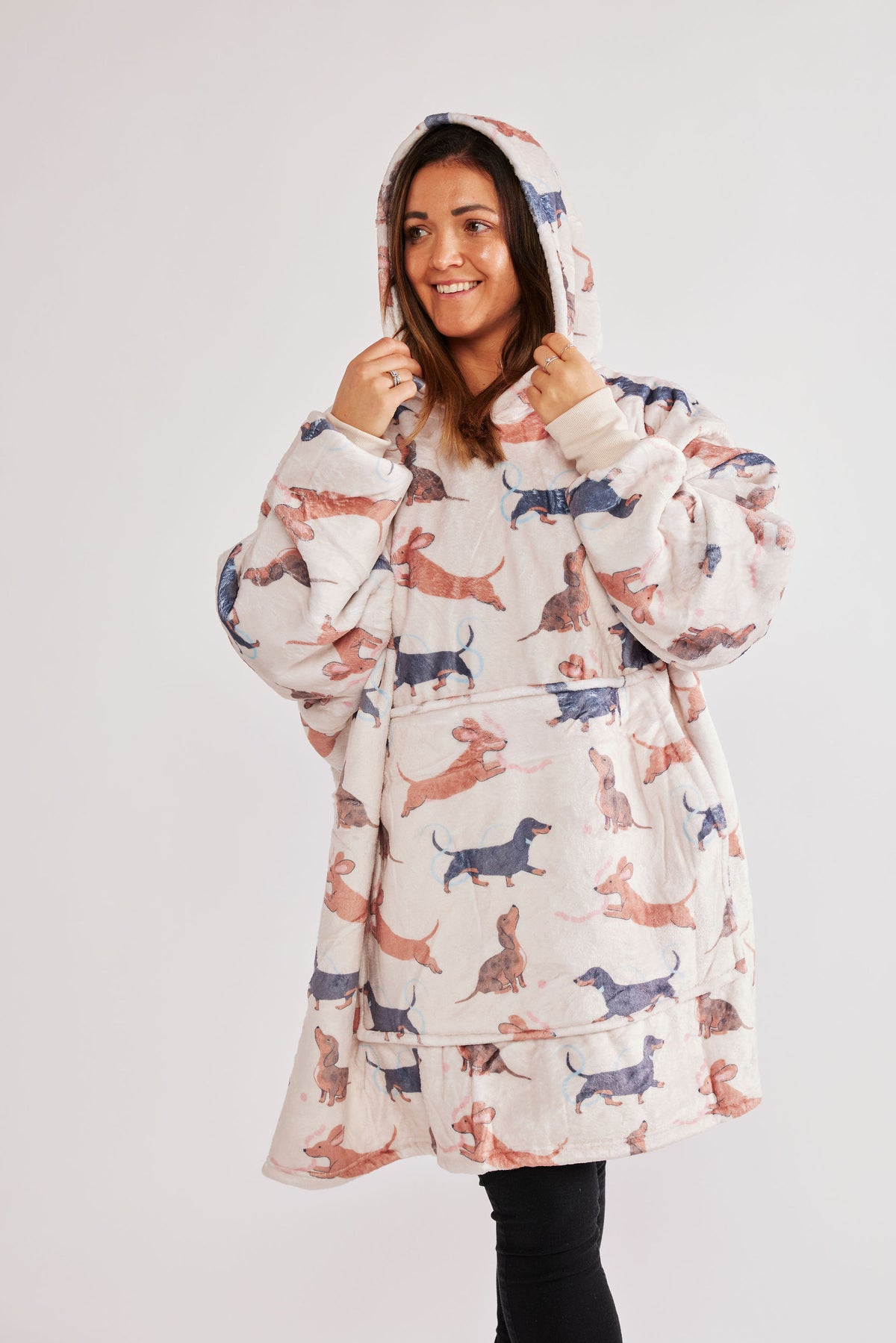 Luxury Dachshund Sausage Dog Print Oversized Sherpa Hoodie Blanket