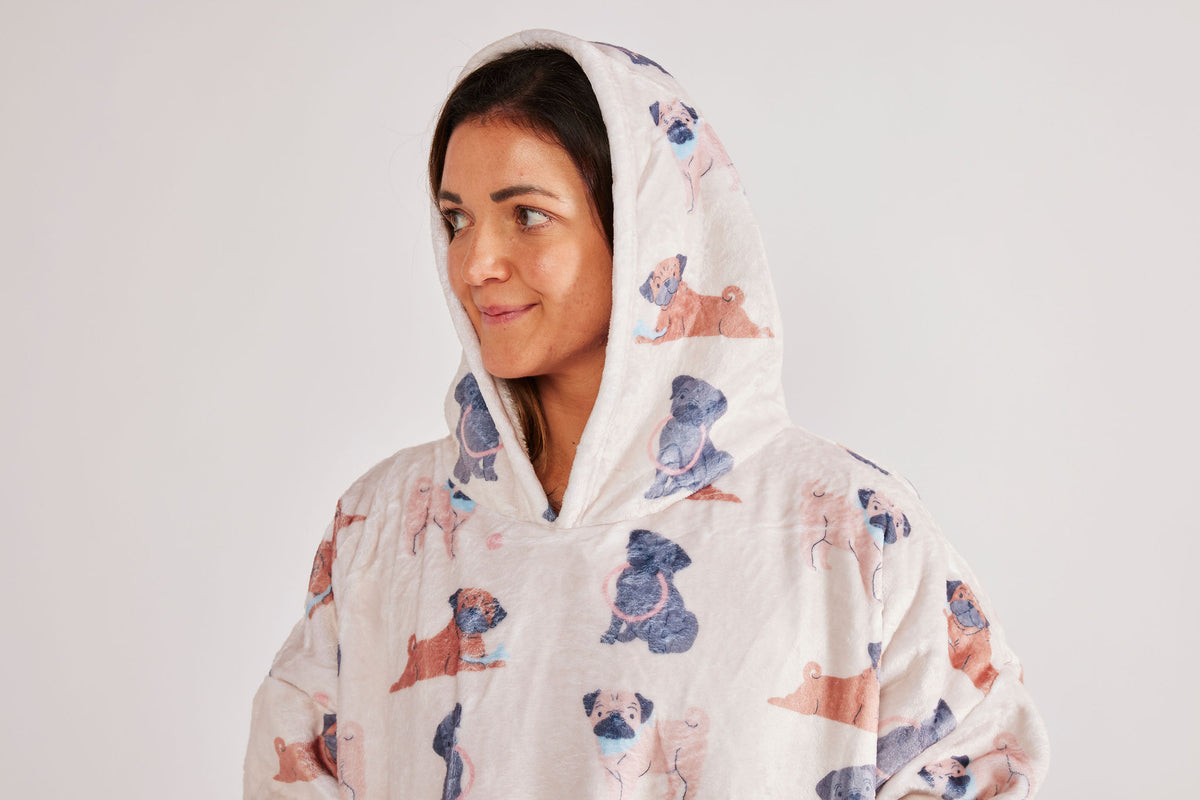 Luxury Pug Print Oversized Sherpa Hoodie Blanket