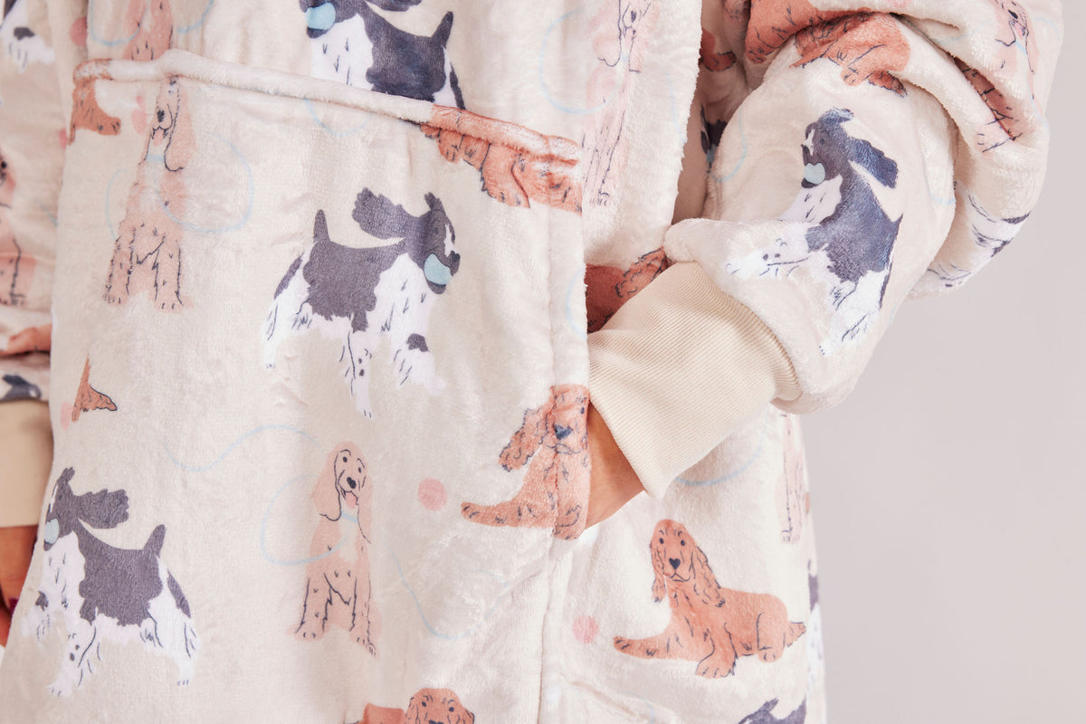 Luxury Spaniel Print Oversized Sherpa Hoodie Blanket