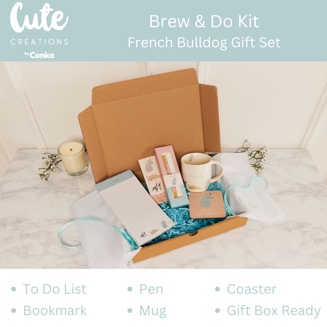 French Bulldog 'Brew & Do' Gift Set - Mug, Coaster, To Do List, Bookmark & Pen