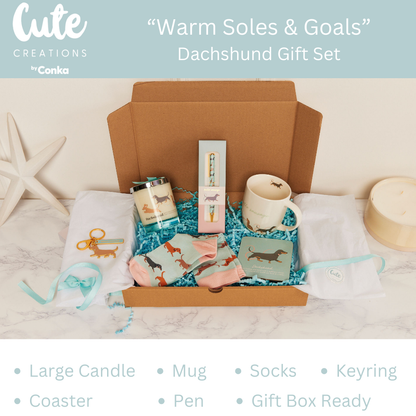 Dachshund 'Warm Soles & Goals' Gift Set - Socks, Large Candle, Coaster, Mug, Pen, Keyring