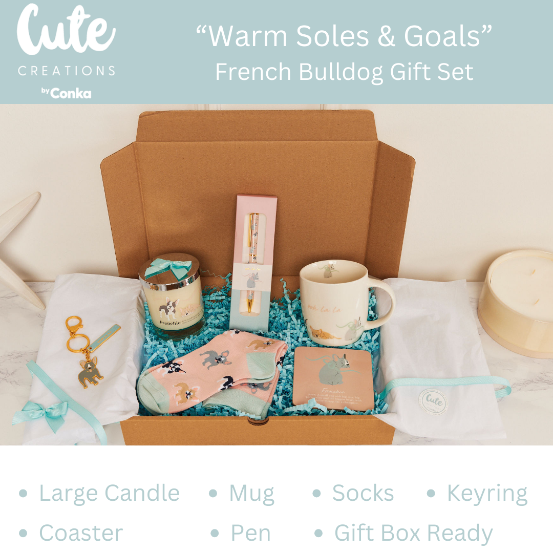 French Bulldog 'Warm Soles & Goals' Gift Set - Socks, Large Candle, Coaster, Mug, Pen, Keyring