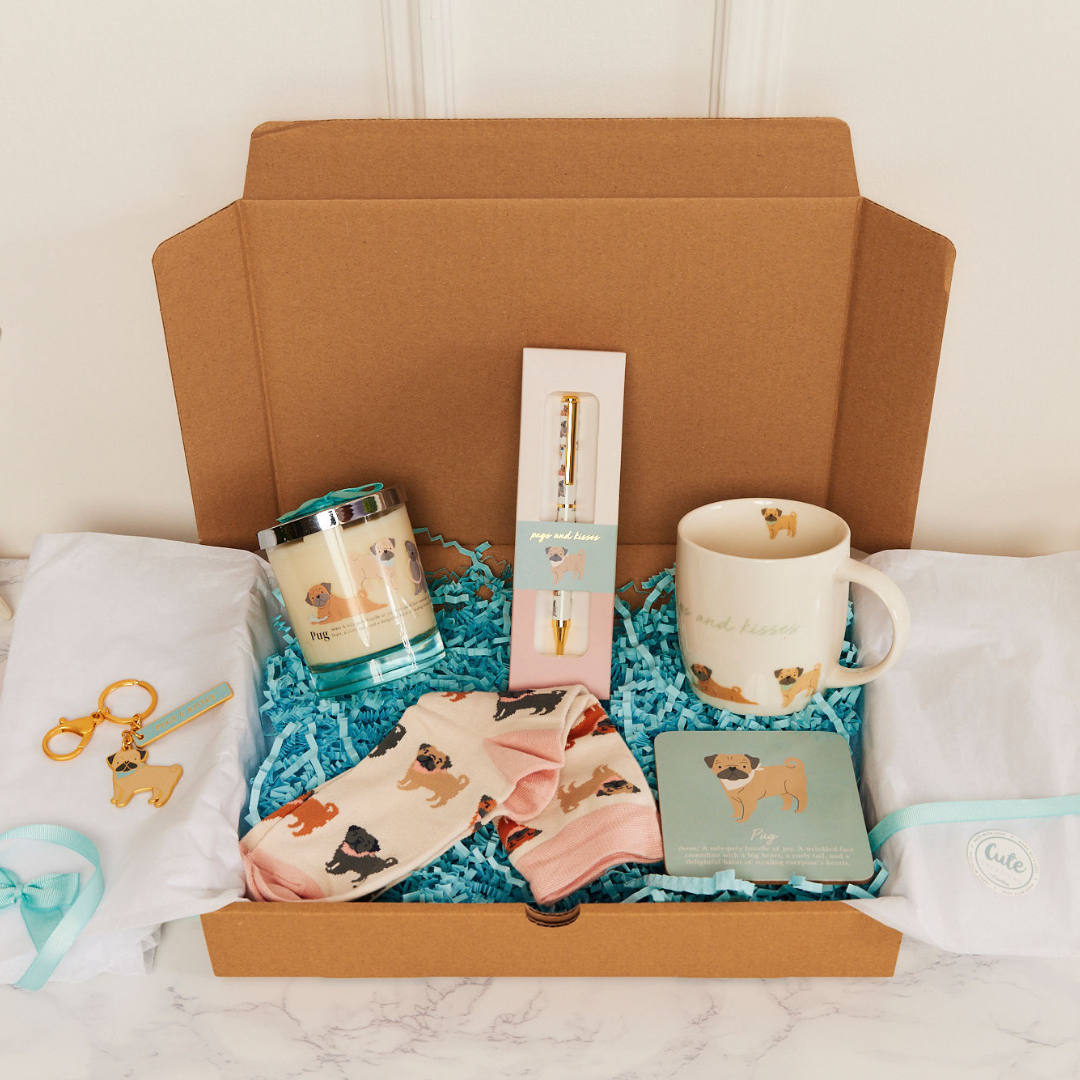 Pug 'Warm Soles & Goals' Gift Set - Socks, Large Candle, Coaster, Mug, Pen, Keyring