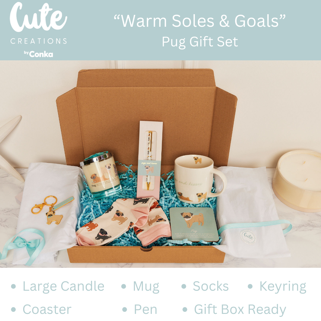 Pug 'Warm Soles & Goals' Gift Set - Socks, Large Candle, Coaster, Mug, Pen, Keyring
