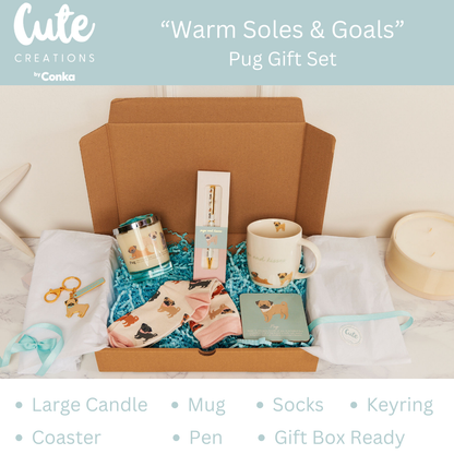 Pug 'Warm Soles & Goals' Gift Set - Socks, Large Candle, Coaster, Mug, Pen, Keyring