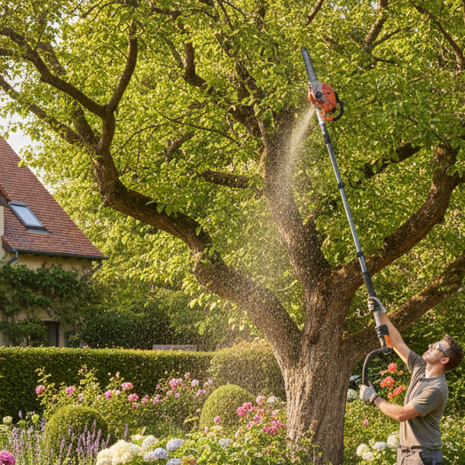 pole saw being used in garden